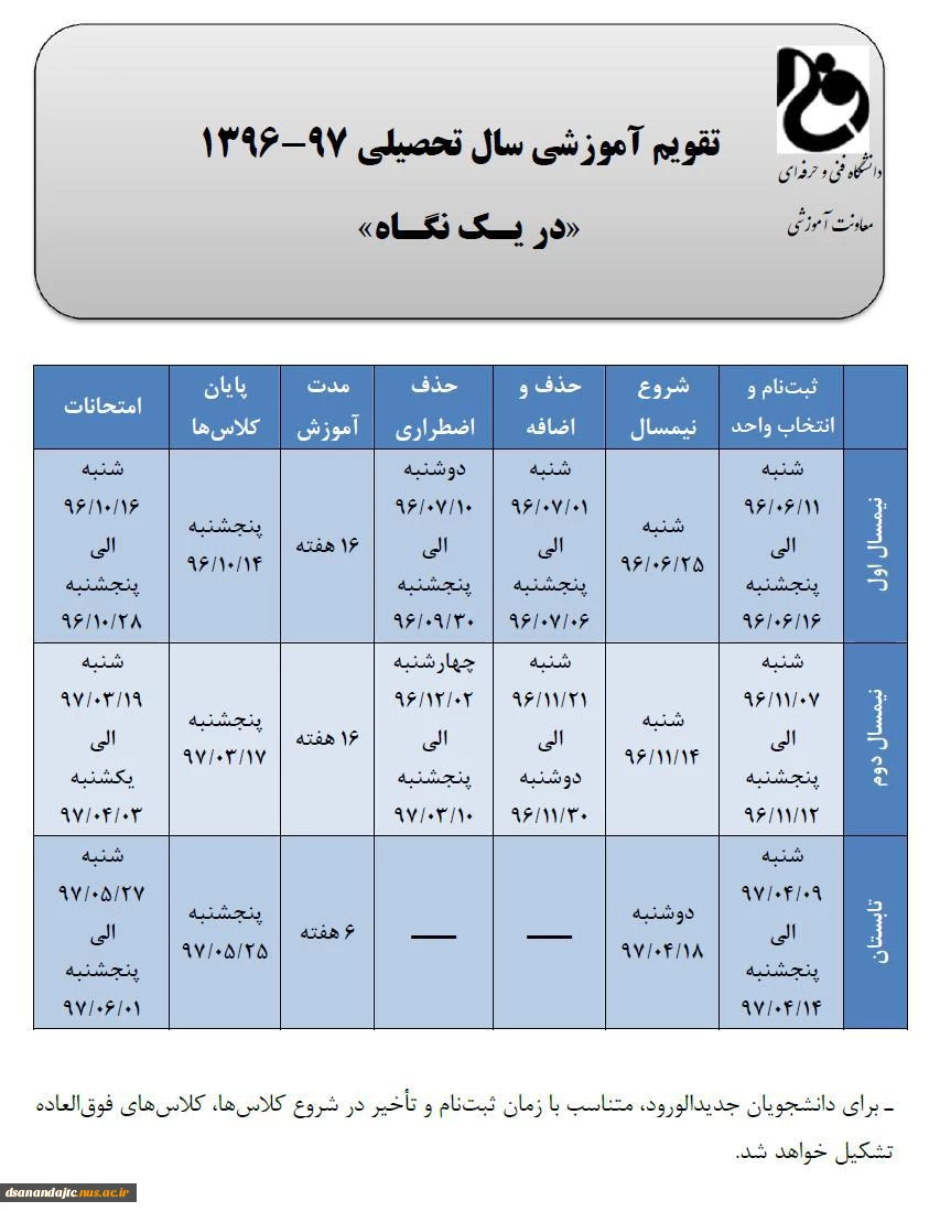 تقویم آموزشی سال تحصیلی 97-96 آموزشکده دختران سنندج