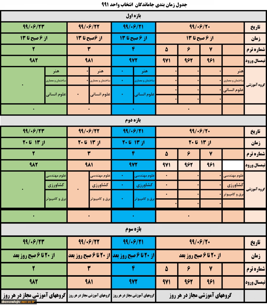 جدول زمان بندی جاماندگان  انتخاب واحد 991 2