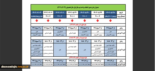 جدول زمانبندی انتخاب واحد نمیسمال 1-1402 2